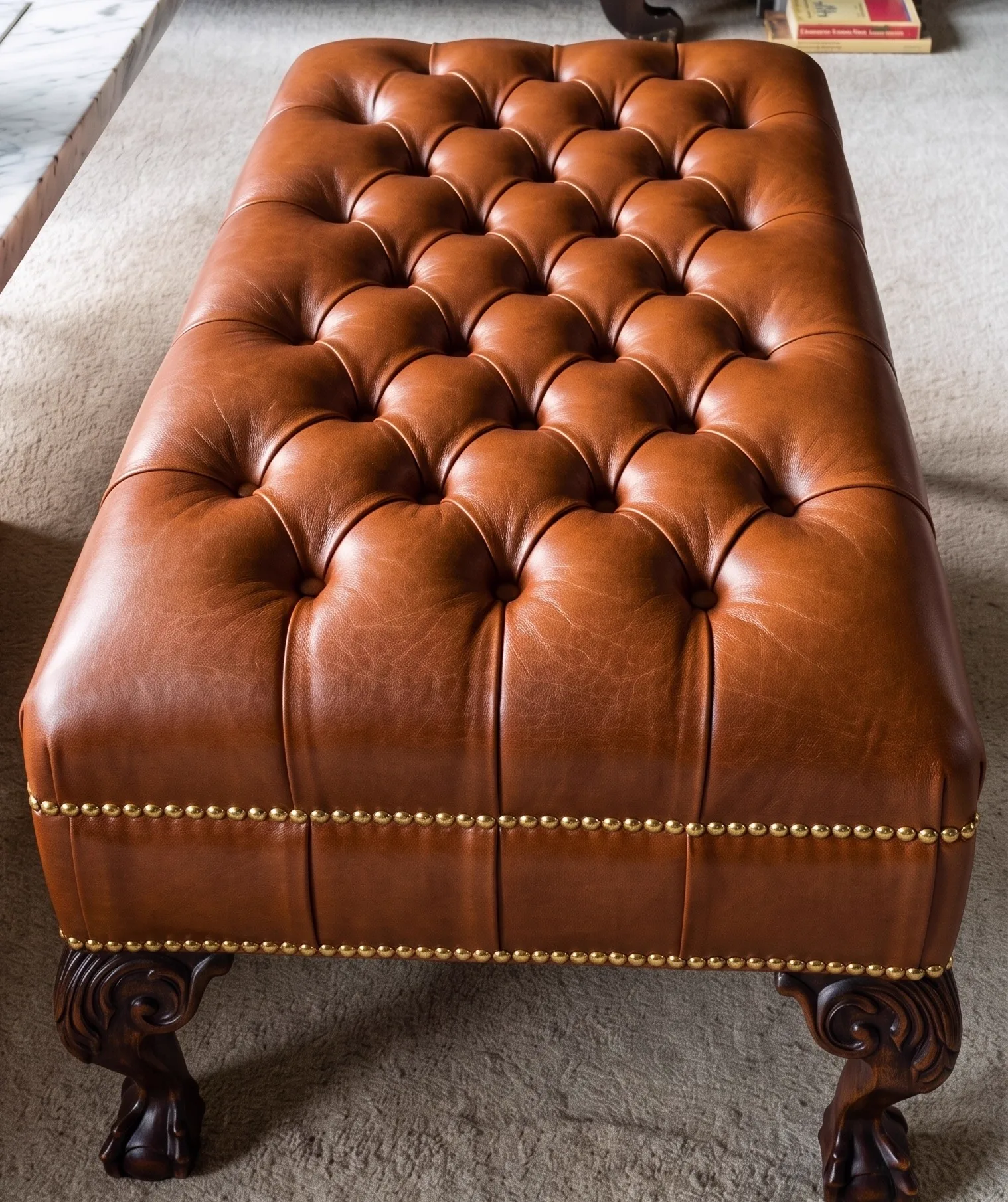 Tan buttoned Chesterfield ottoman with brass studs after recolour and cleaning